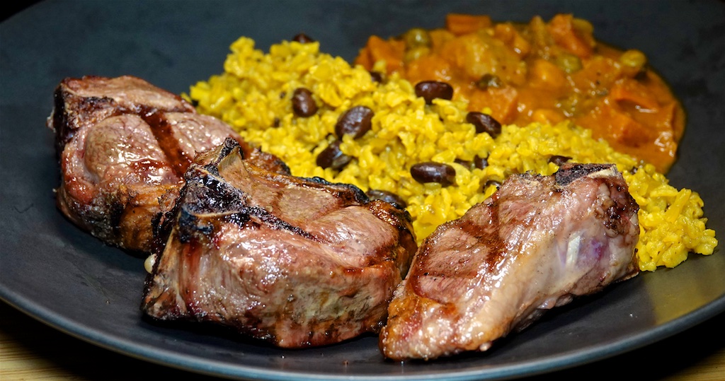 Oct 4: Heirloom Tomato and Swiss; Lamb Loin Chops with Bean Pilaf and Tikka Vegetables