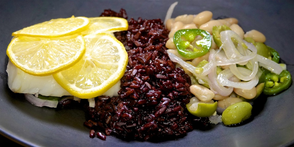 Jan 18: Avocado & Smoked Trout; Baked Cod with Beans and Olives and Black Rice