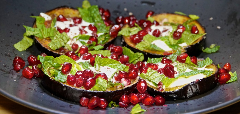 Jan 21: Rustic Panini Roll with Stir-fry Beef & Mushroom; Roasted Eggplant with Pomegranate and Yogurt