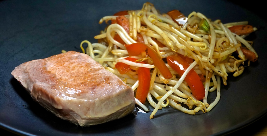 Feb 23: Tuna & Swiss, Turkey Breast & Swiss; Pork Chop with Stir Fried Peppers and Bean Sprouts