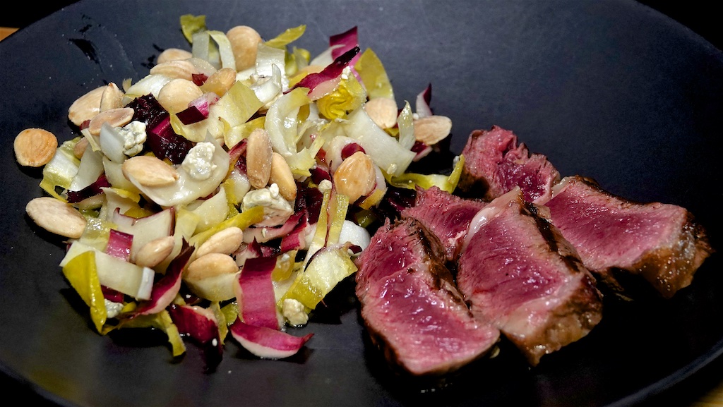 Apr 13: Panini Roll with Egg Salad & Watercress; Rib Eye with Endive, Blue Cheese & Almond Salad