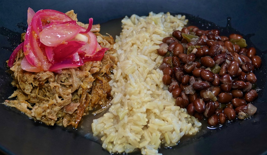 Apr 28: Bacon & Kumato on Panini Roll; Pulled Pork, Pickled Red Onion, Brown Rice and Cuban Beans