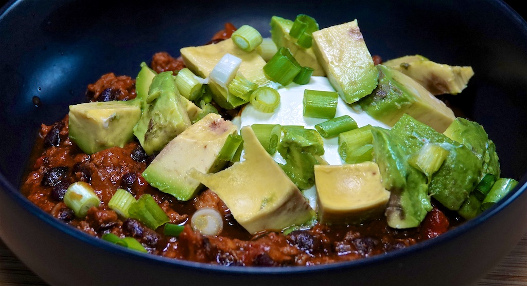 May 1: Egg Salad Wrap; Bacon and Black Bean Chili with Avocado and Labné