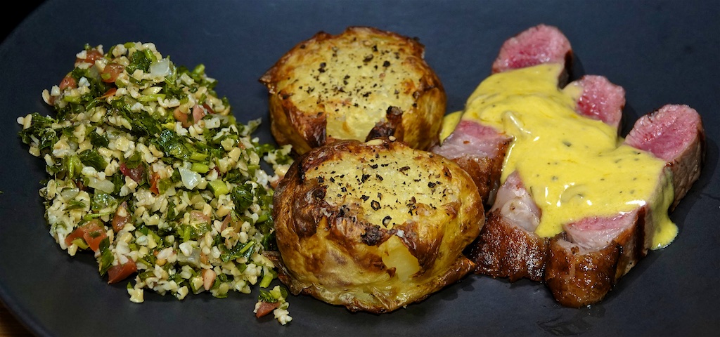 May 9: Avocado & Sardine Sandwiches; NY Strip Steak topped with Béarnaise Sauce, Crash Hot Potatoes and Tabouli