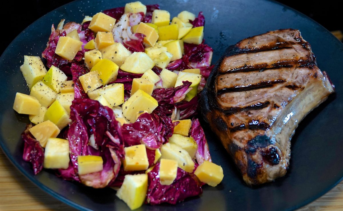 May 30: Yeros Meat & Cucumber Sandwiches; Grilled Bone-in Pork Chop with Radicchio, Apple, Gouda Salad