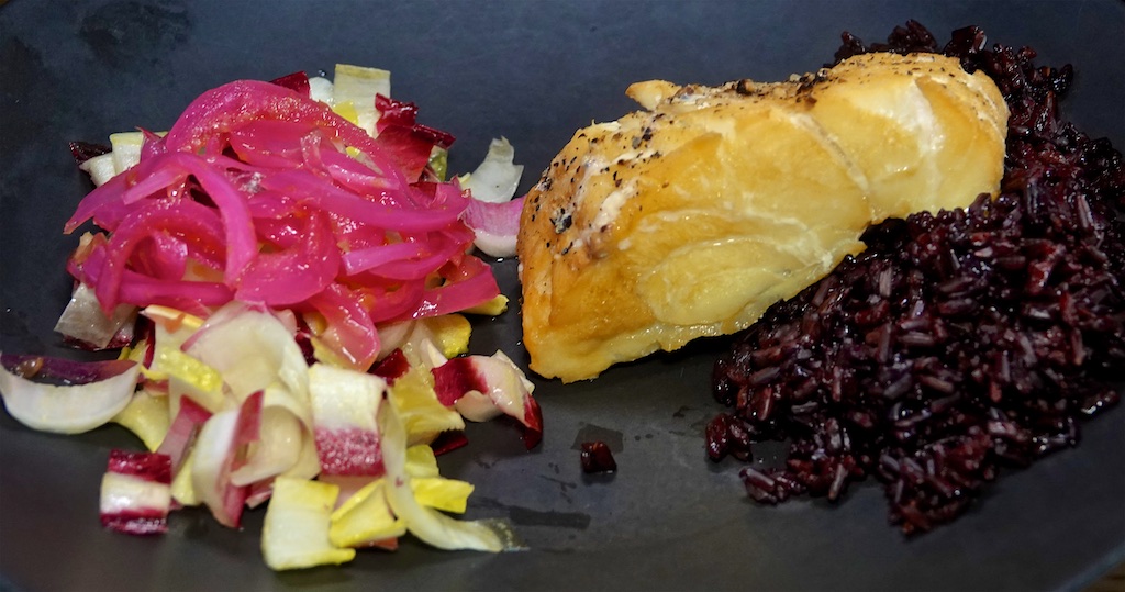 Jun 7: Cheddar & Tomato Sandwich; Hot smoke Cod with Endive and Pickled Onion on Black Rice