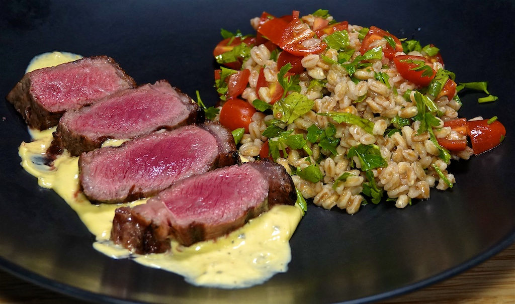 Jun 20: Eggs Benedict/Heuvos Rancheros; NY Strip Steak with Béarnaise Sauce and Farro Tabbouleh