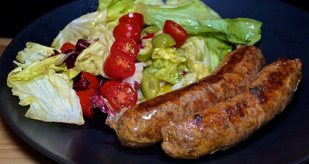 Aug 25: Sharkey’s Fiesta Burrito; Pork Sausages with Garden Salad