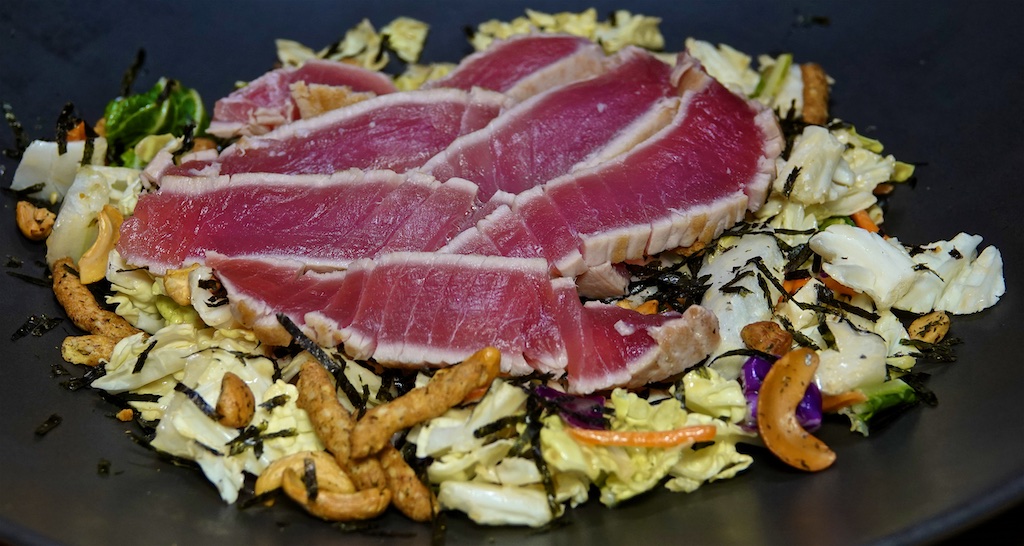 Aug 30: Albacore Sashimi, Avocado Cucumber Roll; Seared Yellowfin Tuna on a Sesame Crunch Salad