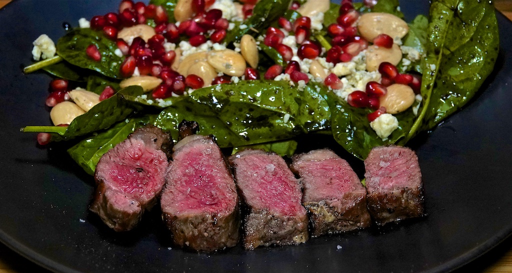 Sep 26: Côte d’Azur Cure-All Soup; NY Strip Steak with Spinach, Almond, Blue Cheese and Pomegranate Seeds