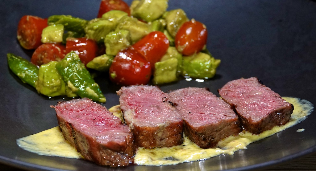 Oct 12: Roast Potatoes with Peppers Frittata; New York Strip Steak with Tomato, Peas and Avocado Salad