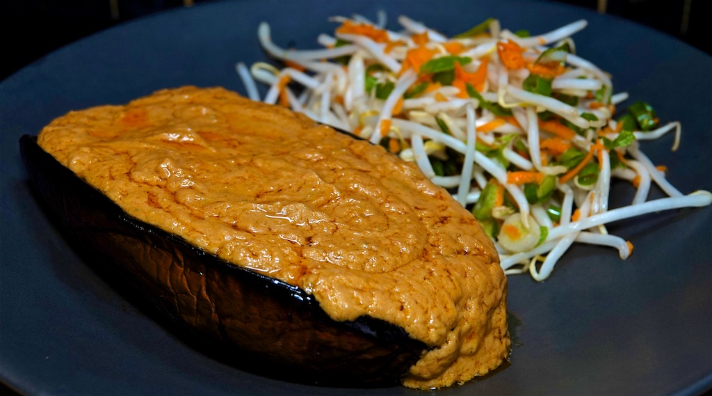 Nov 11: Cheddar & Curry Cauliflower Pickles in a Panini Roll; Roast Eggplant with Peanut Sauce and a Mung Bean Salad