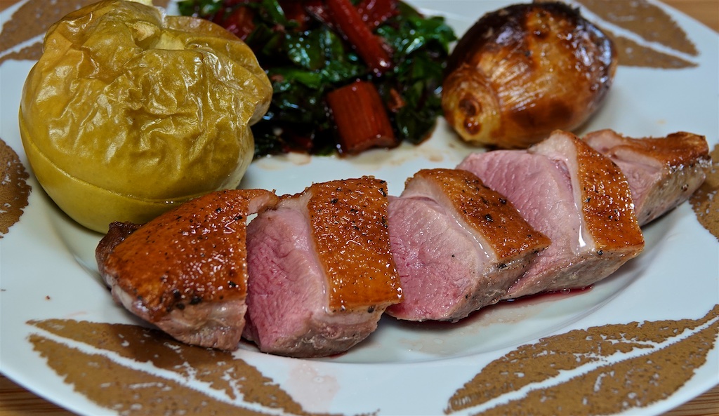 Dec 25: Duck Breast, Roast Apple and Shallot with Wilted Swiss Chard; Stilton, Duck Pate, Stilton, Brie and other deliciousness