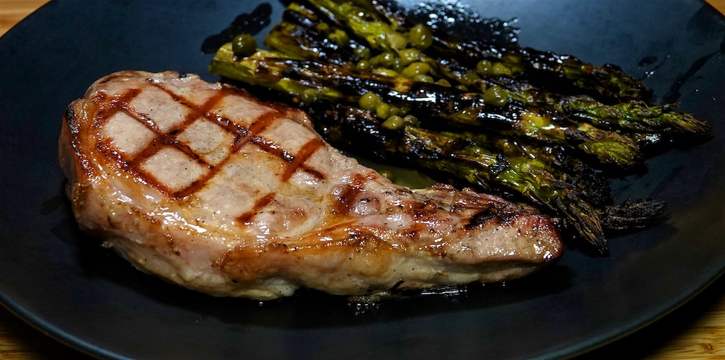 Feb 15: Japanese Style Fried Rice; Bone In Pork Chop with Grilled Asparagus and a Piccata Sauce