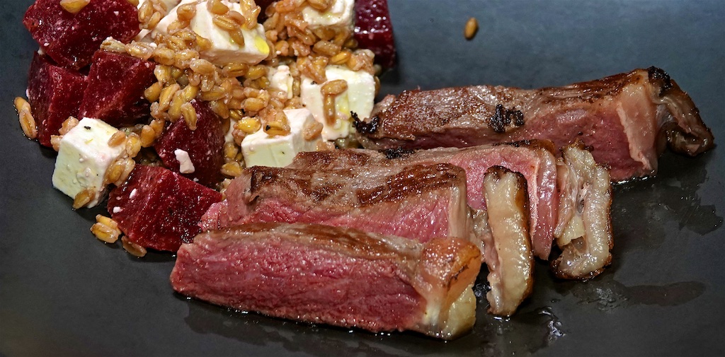 Mar 12: Irish Bacon & Sprouts; NY Strip Steak with Farro, Feta and Beet Salad