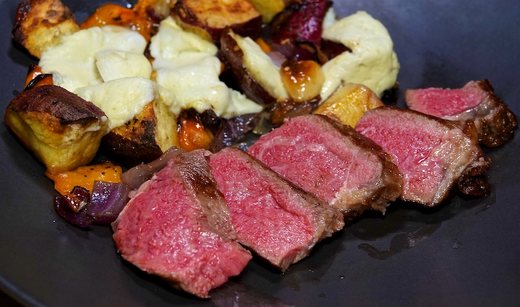 Apr 9: Steak & Stout Pie; NY Strip Steak with Sweet Potato Halloumi Bake