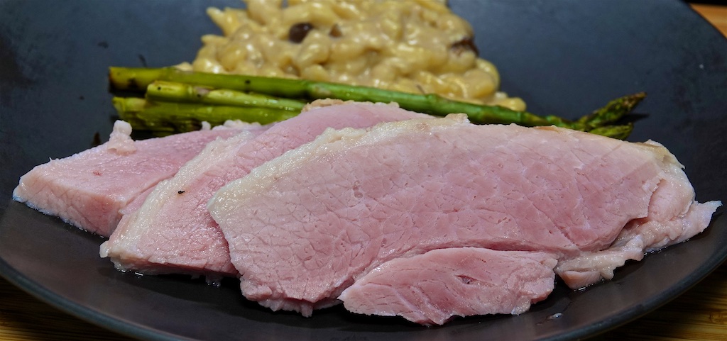 Apr 12: Baked Ham, Asparagus & Mushroom Spätzle; Ham & Green Onion Scrambled Eggs