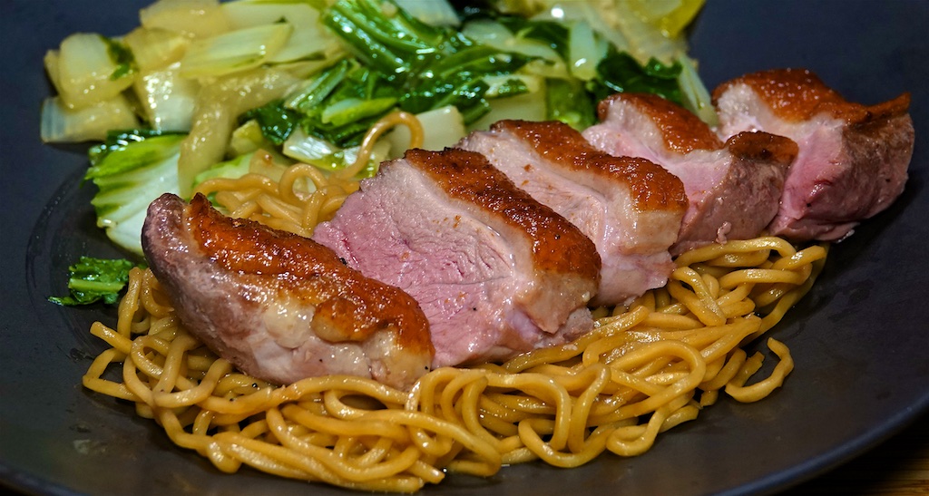 Apr 18: Baked Ham, Sauerkraut & Swiss on a Brioche Bagel; Duck Breast with Bok Choy and Yakisoba Noodles