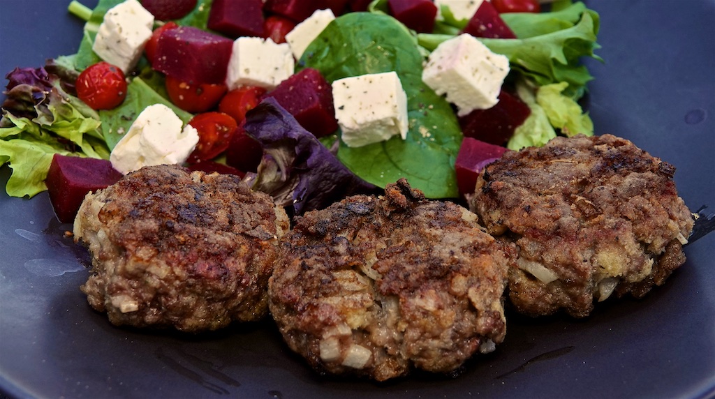 Apr 25: Baked Beans on Toast, topped with a Fried Egg (or two); Rissoles with a Pickled Beet, Cherry Tomato and Feta Salad