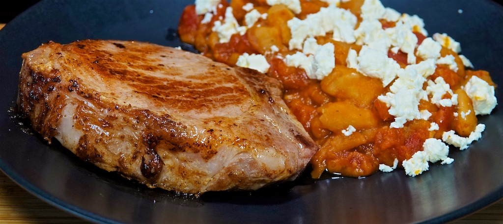 Apr 26: Garlic Naan with Tomato, Feta & Smoked Gouda; Pork Loin Chop with Giant Beans in Tomato Sauce