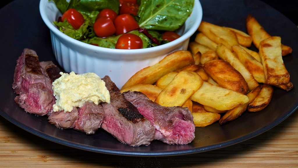 May 28: Rissole, Tomato & Smoked Cheddar Roll; Rib Eye with Steak Fries, Side Salad and Blue Cheese Butter