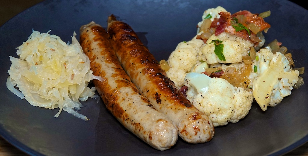 Jun 13: Bacon & Coleslaw; Beer Bratwurst and Mock “German Potato Salad” with Cauliflower