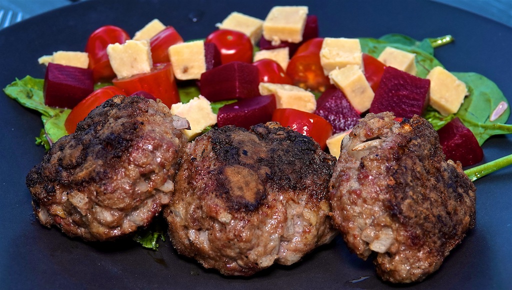 Jun 14: Egg in Bagel with Giant Baked Beans; Rissoles with Pickled Beet, Tomato and Caramelized Onion Cheddar Salad