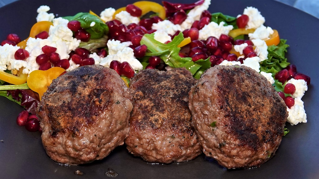 Aug 1: Ham, Sauerkraut & Swiss on a Brioche Bagel; Lamb Rissoles with Bell Pepper, Feta and Pomegranate Seed Salad