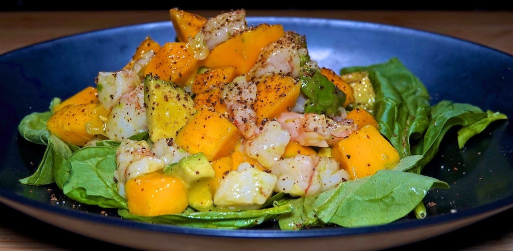 Aug 18: BBQ Chicken Breast, Tomato & Garlic Spread on Fresh Baguette; Sous vide Poached Shrimp, with Avocado and Mango Salad