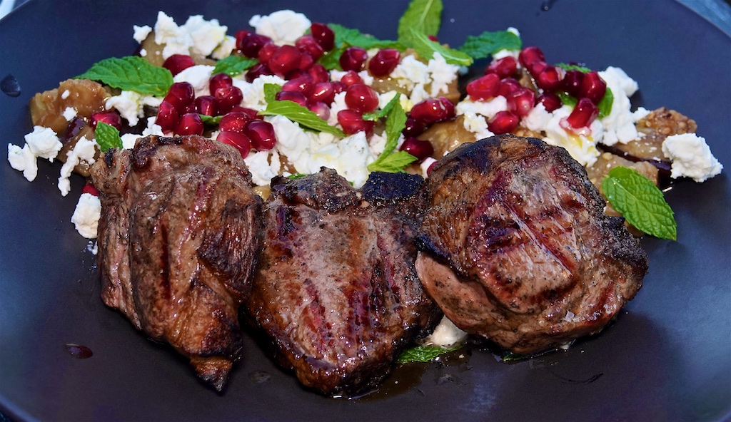 Aug 25: Kumato & Swiss Sandwiches; Lamb Loin Chops with Smoked Eggplant, Feta, Mint & Pomegranate Salad