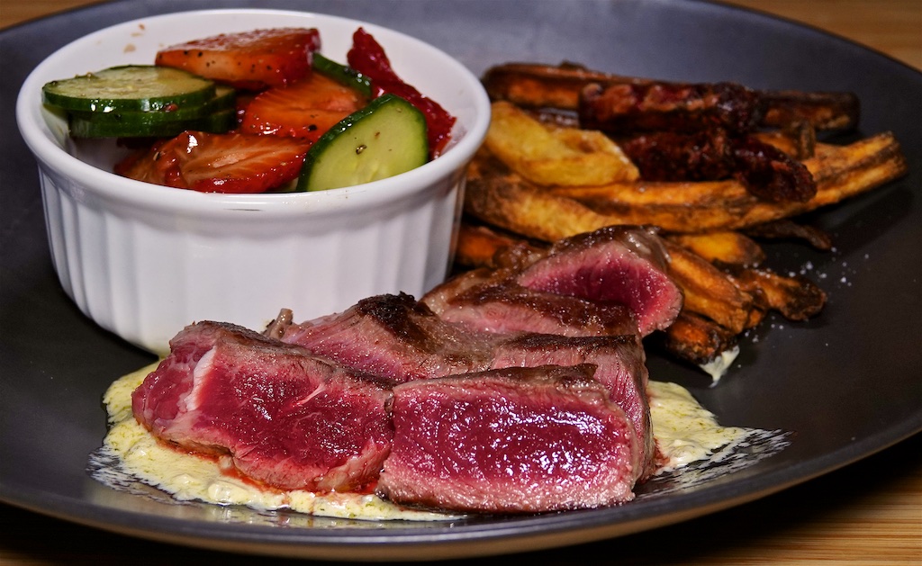 Oct 8: Scallops & Fries; Dry Aged New York Strip Steak with Steak Frites and Cucumber Strawberry Salad