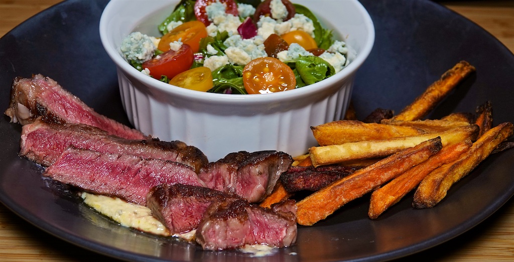 Oct 22: Mushroom Naan Pizza; Rib Eye Steak with Root Vegetable Fries and Blue Cheese Salad