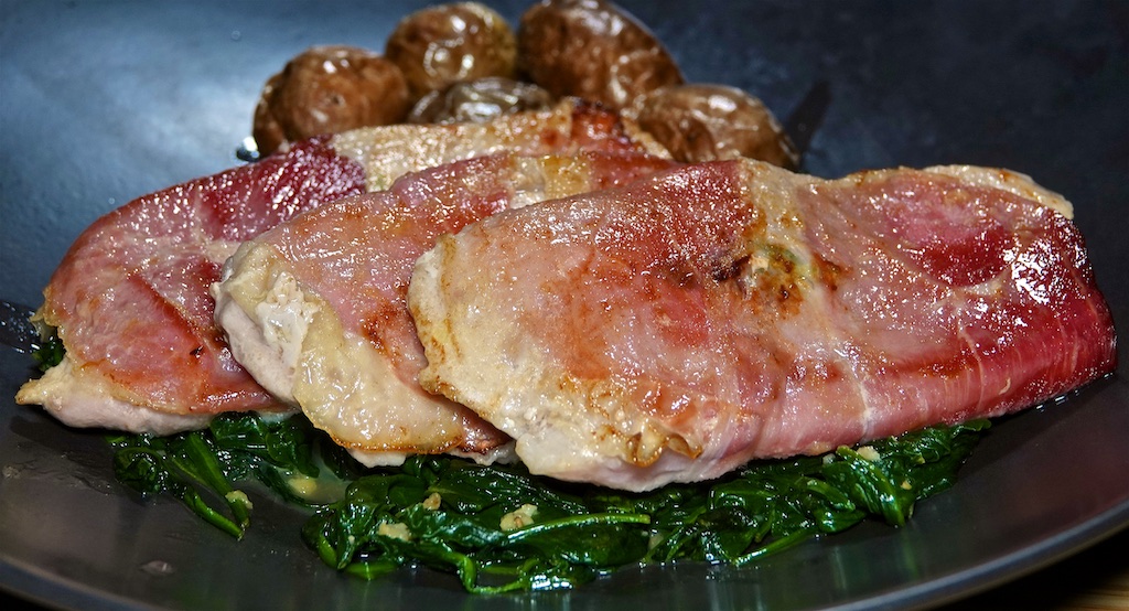 Nov 7: Harvest Potato Soup with Baguette; Saltimbocca with Buttered Spinach and Baby Potatoes