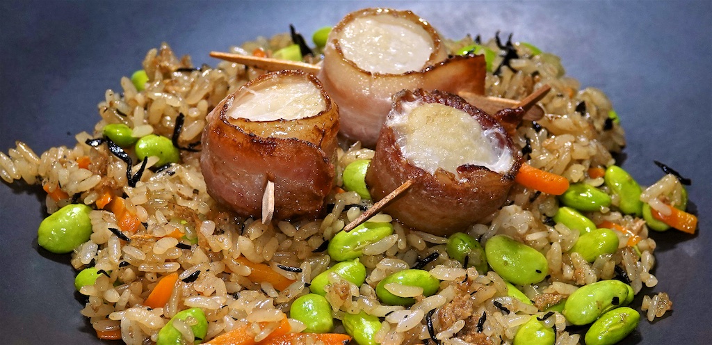 Dec 6: Soutzoukakia & Garlic Spread in a Panini Roll; Bacon Wrapped Scallops with Japanese Fried Rice