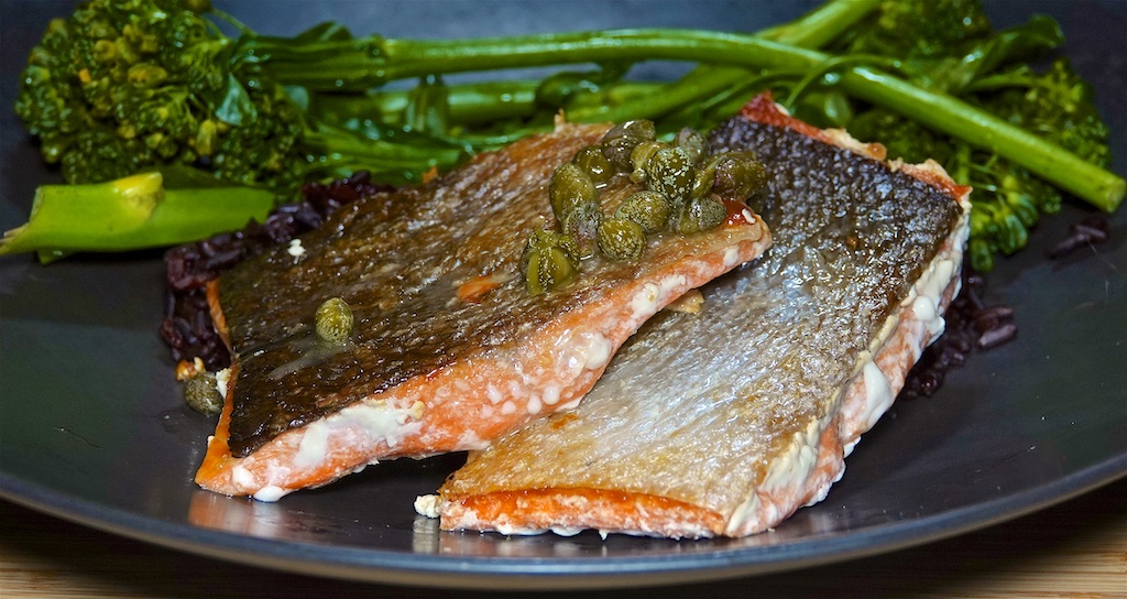 Dec 11: Shin Ramen; Wild Caught Salmon, Piccata Sauce and Steamed Broccolini