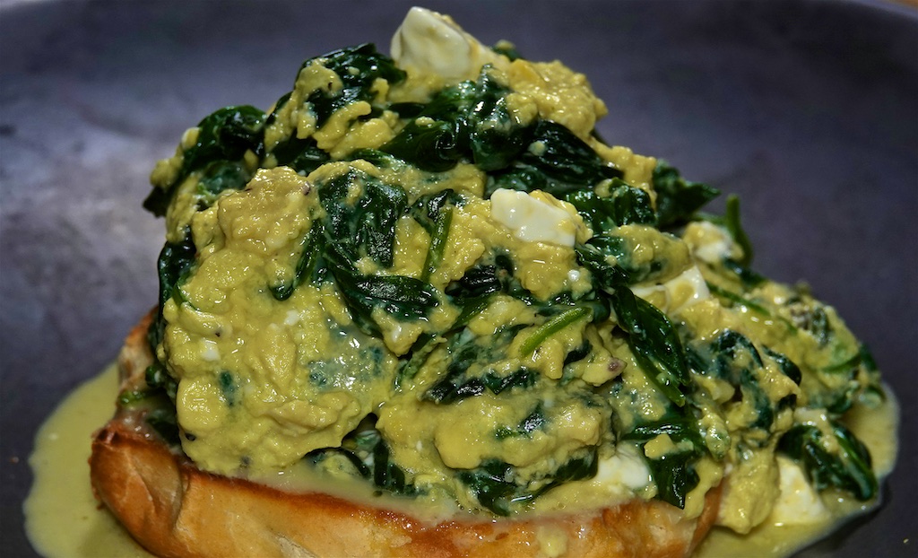 Dec 14: Hearty Pea Soup; Feta and Spinach Scrambled Eggs on Brioche Bagel