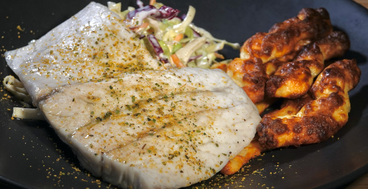 Mar 5: Brioche Bagel, Neufchatel & Semi-dried Tomato; Barramundi with Coleslaw and Halloumi Fries