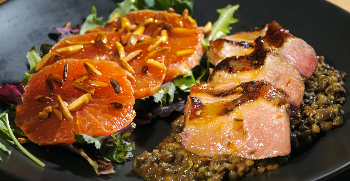 Mar 6: Egg in a Bagel with Ham & Tomato; Sous Vide Duck Breast with Black Lentils and Orange Sauce