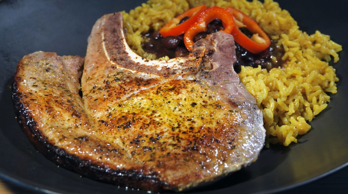 Mar 25: Chapli Naan Sandwich; Sous Vide Bone-in Pork Chop with Cuban Rub, served with Cuban Black Beans and Yellow Rice