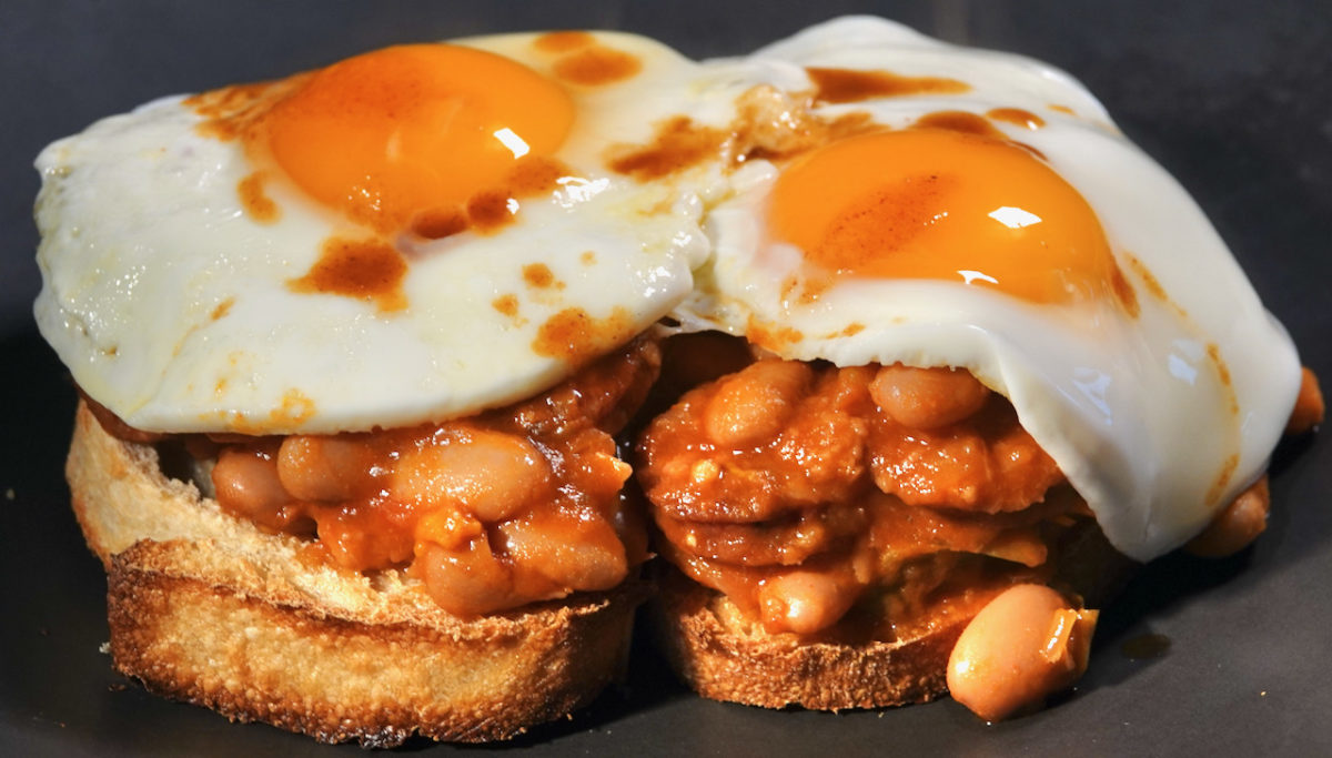 Apr 21: Rissole Panini Rolls; Pinto Bean and Andouille Stew on Italian Bread topped with a Fried Egg (or two)