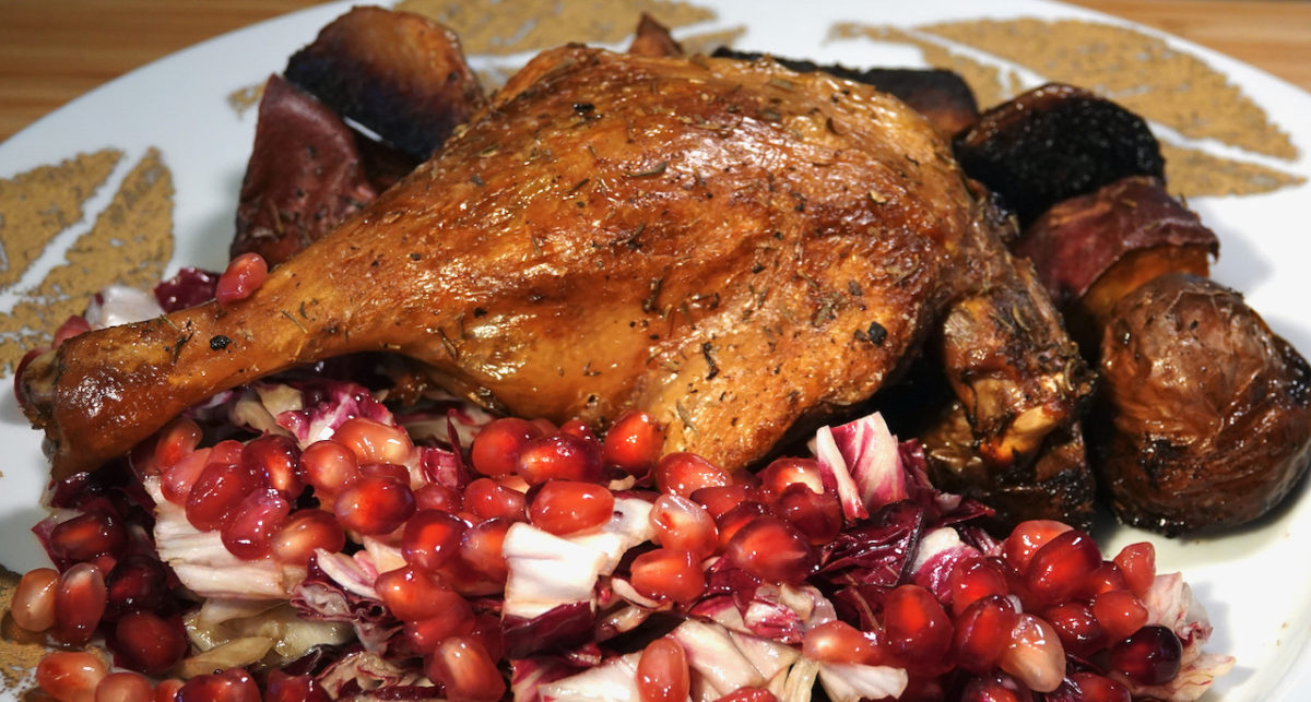 Apr 25: Egg in Brioche Bagel topped with Smoked Salmon; Roast Duck Leg on a Medley of Potatoes with Radicchio and Pomegranate Salad