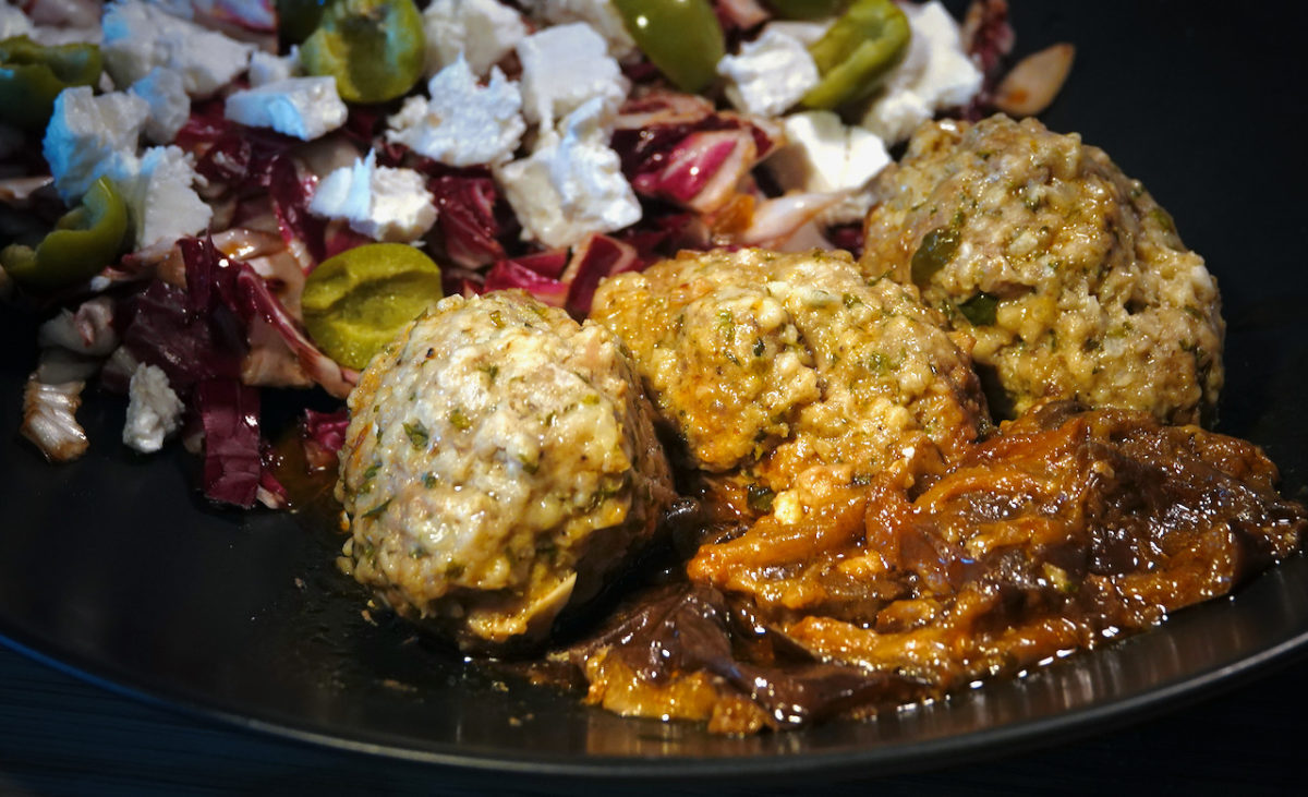 Apr 27: Heuvos Rancheros; Soutzoukakia with Radicchio, Feta and Olive Salad