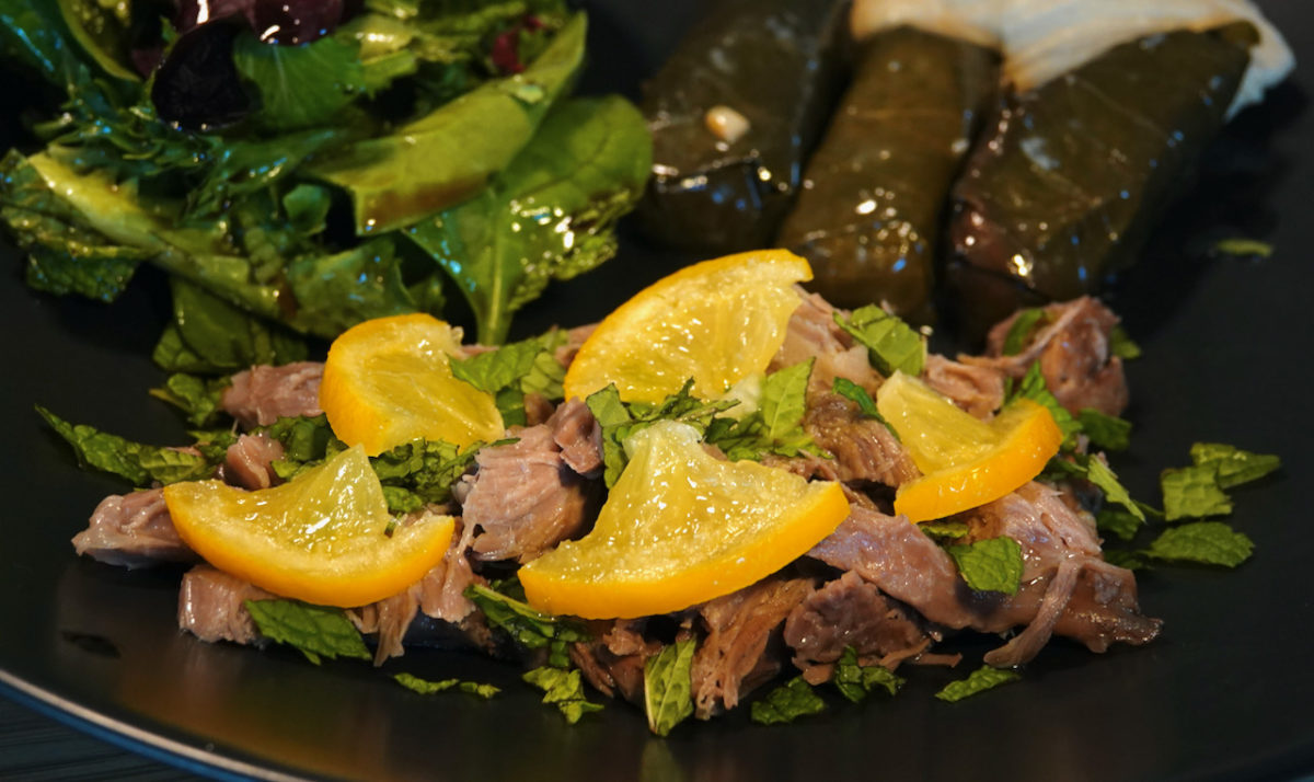 May 2: Lamb Gyro; Shredded Lamb Salad with Preserved Meyer Lemon, Dolmas, Hummus and Salad