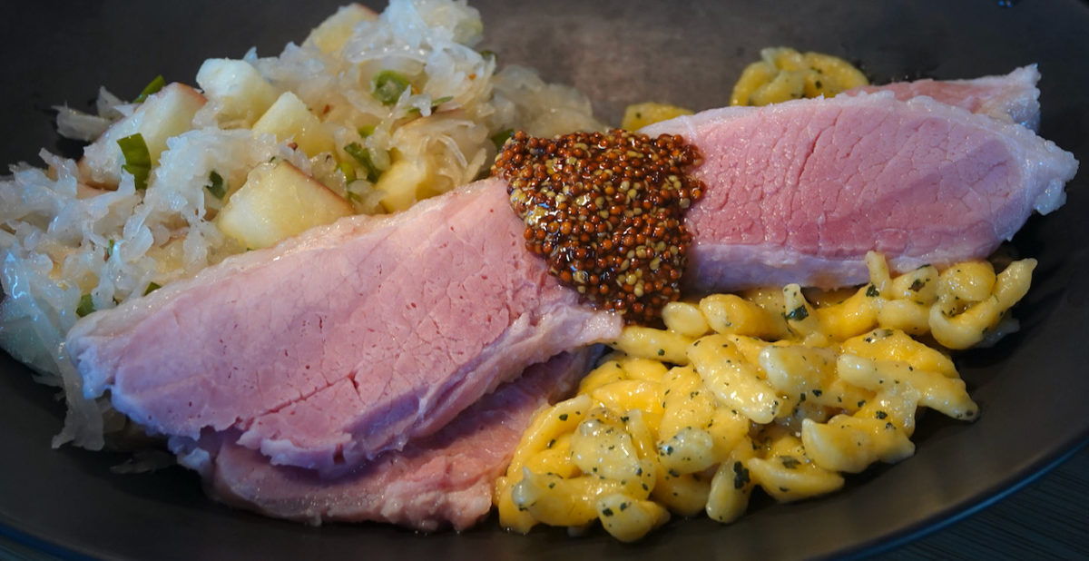 May 8: Ham, Smokey Cheddar & Semi-dried Tomato Bagel; Sous Vide Ham with Apple Sauerkraut and Spaetzle