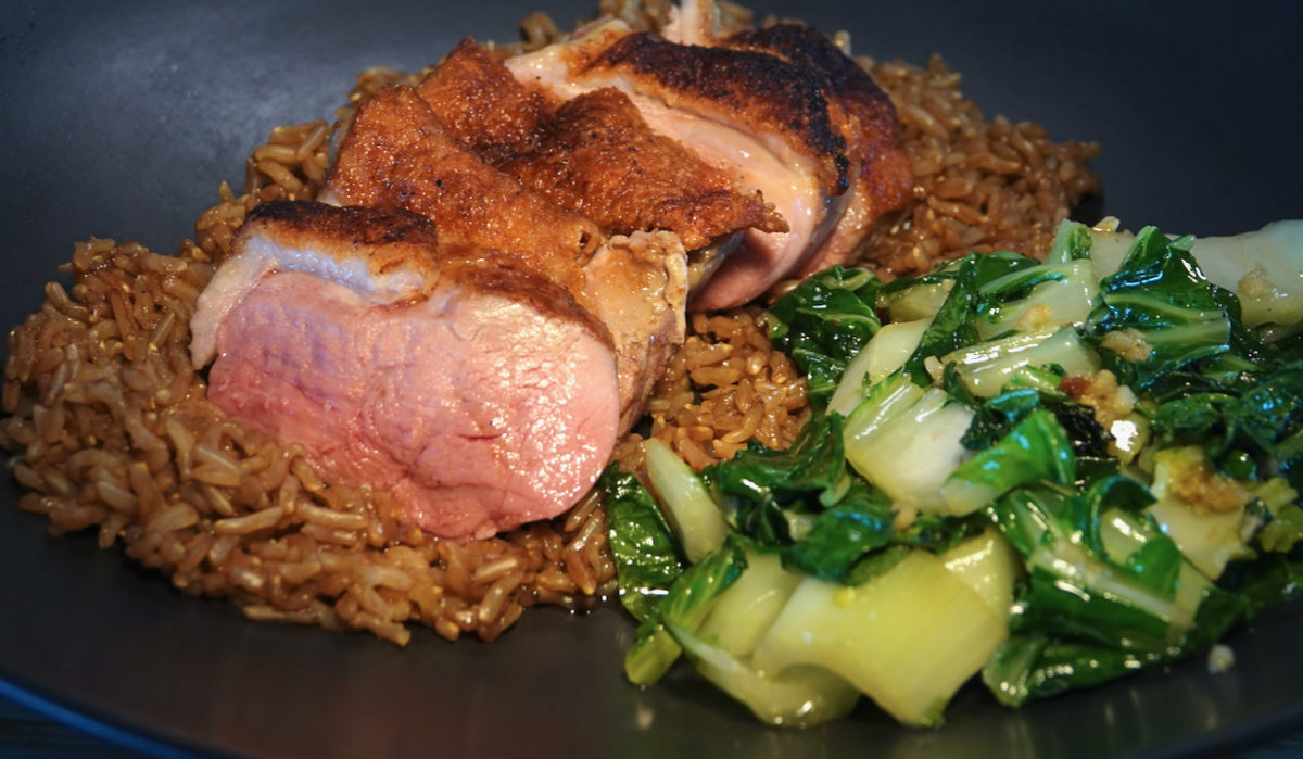 May 23: Baked Beans, Fried Egg on Toast; Sous Vide Duck Breast, Brown Rice and Garlic Bok Choy