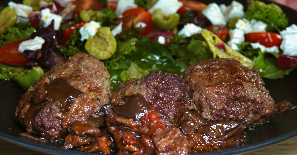 Jul 24: Soutzoukakia with Tomato, Olive, Feta Salad