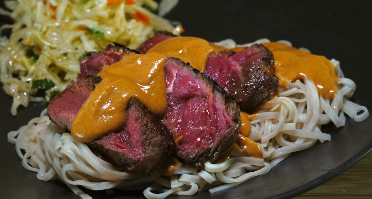Aug 12: Marinated Top Sirloin with Gado Gado Peanut Sauce, Vietnamese Slaw and Brown Rice Noodles
