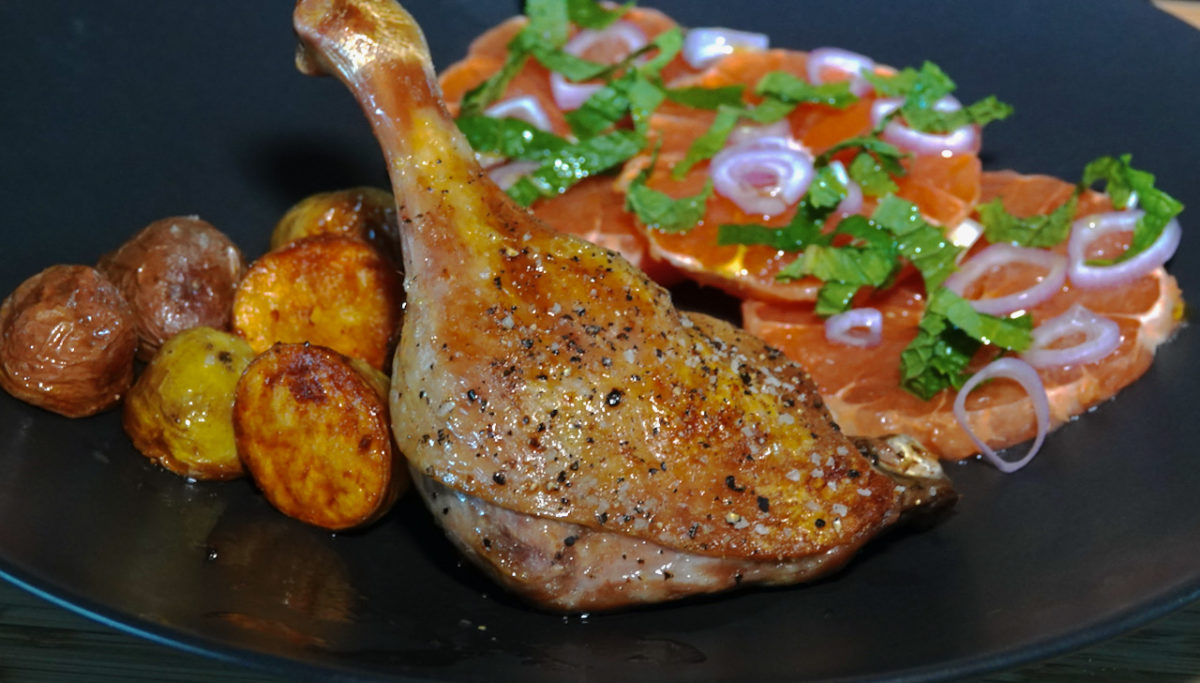 Aug 1: Roast Duck Leg with Roast Potatoes and Grapefruit Salad