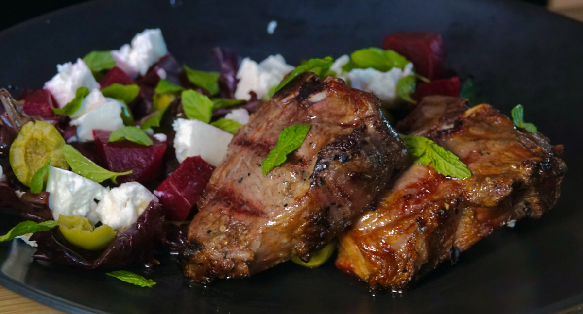 Sep 14: Grilled Lamb Loin Chops with Pickled Beets, Feta, Olives and Spinach Salad