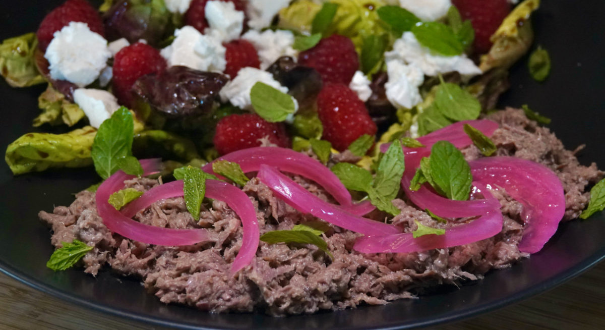 Sep 18: Warm Shredded Lamb Salad with Passionfruit, Mint and Lemon Pickled Onions served with a Raspberry, Feta and Mint Salad